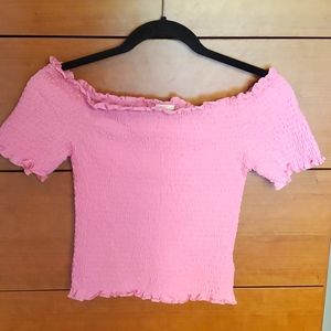 Off-shoulder pink smocked top